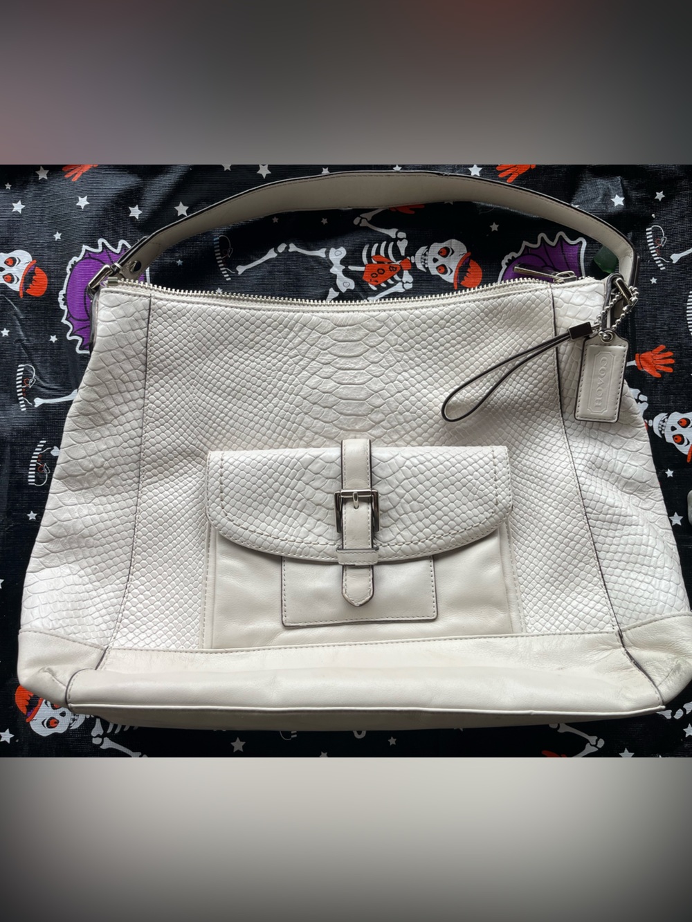 Coach Cream Faux-Snakeskin Shoulder Bag with Front Flap Pocket